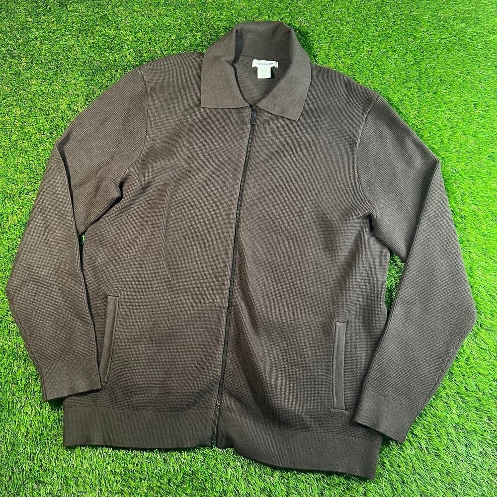 Thom Aaron Full Zip Knit Sweater Jacket Brown Textured Collared Men's Large L